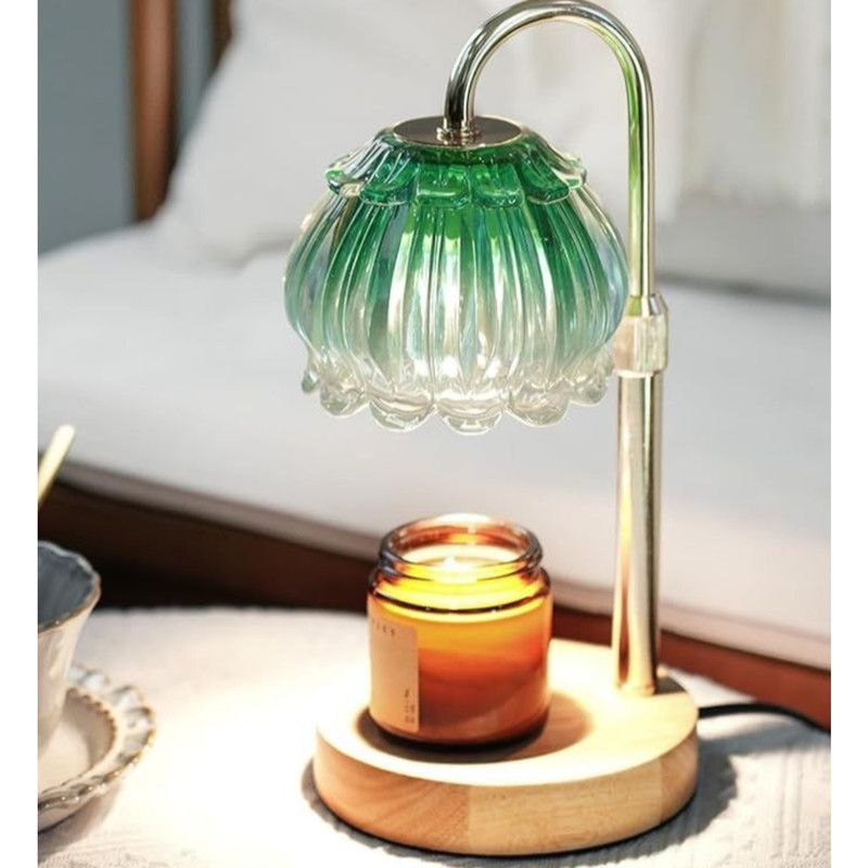 Adjustable Timed Dimmable Candle Warmer Lamp, Wooden Base Smokeless Aroma Table Lamp, Candle Not Included—Light Green