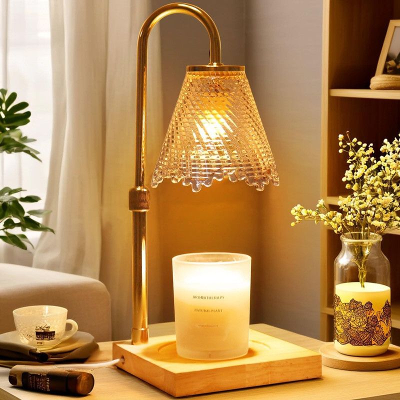 Adjustable Timed Dimmable Candle Warmer Lamp, Square Solid Wood Base Aroma Table Lamp, No Candle Included