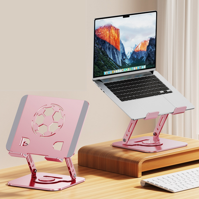 All-Metal Laptop Stand, Football-Shaped Hollow Cooling Dual-Bar Height-Adjustable Riser, Fits Laptops 10–17.3 IN – Pink