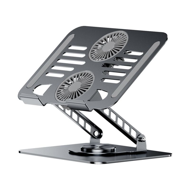 Dual Turbine Fan Cooling Metal Laptop Stand, Thick Dual Arms, Foldable, Height-Adjustable Riser—Gray