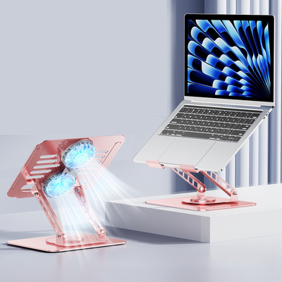 Dual Turbine Fan Cooling Metal Laptop Stand, Thick Dual Arms, Foldable, Height-Adjustable Riser—Pink