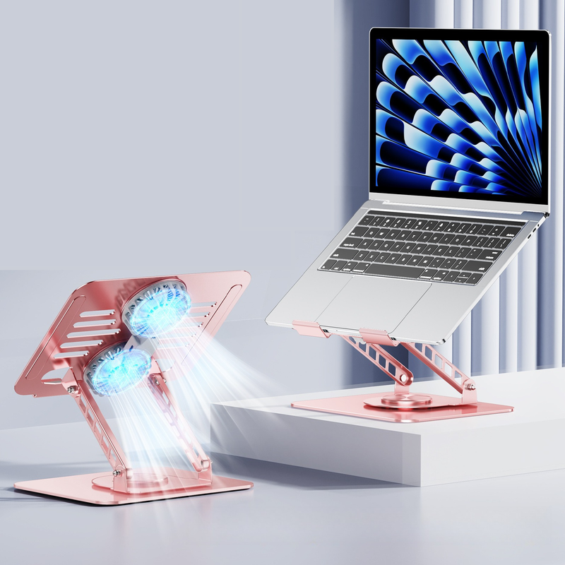 Dual Turbine Fan Cooling Metal Laptop Stand, Thick Dual Arms, Foldable, Height-Adjustable Riser—Pink