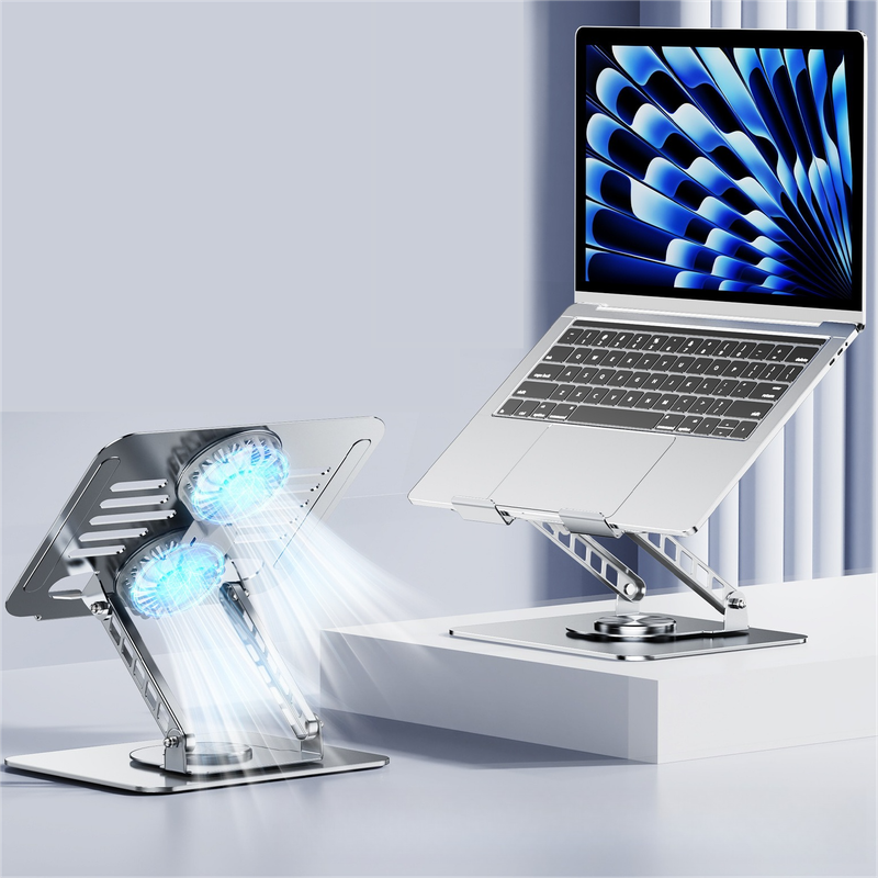 Dual Turbine Fan Cooling Metal Laptop Stand, Thick Dual Arms, Foldable, Height-Adjustable Riser—Silver