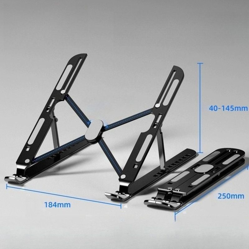 10-Gear Adjustable Aluminum Foldable Laptop Stand, Hollow Cooling Double Triangle Stable Riser—Black