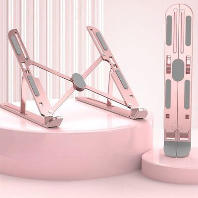10-Gear Adjustable Aluminum Foldable Laptop Stand, Hollow Cooling Double Triangle Stable Riser—Pink
