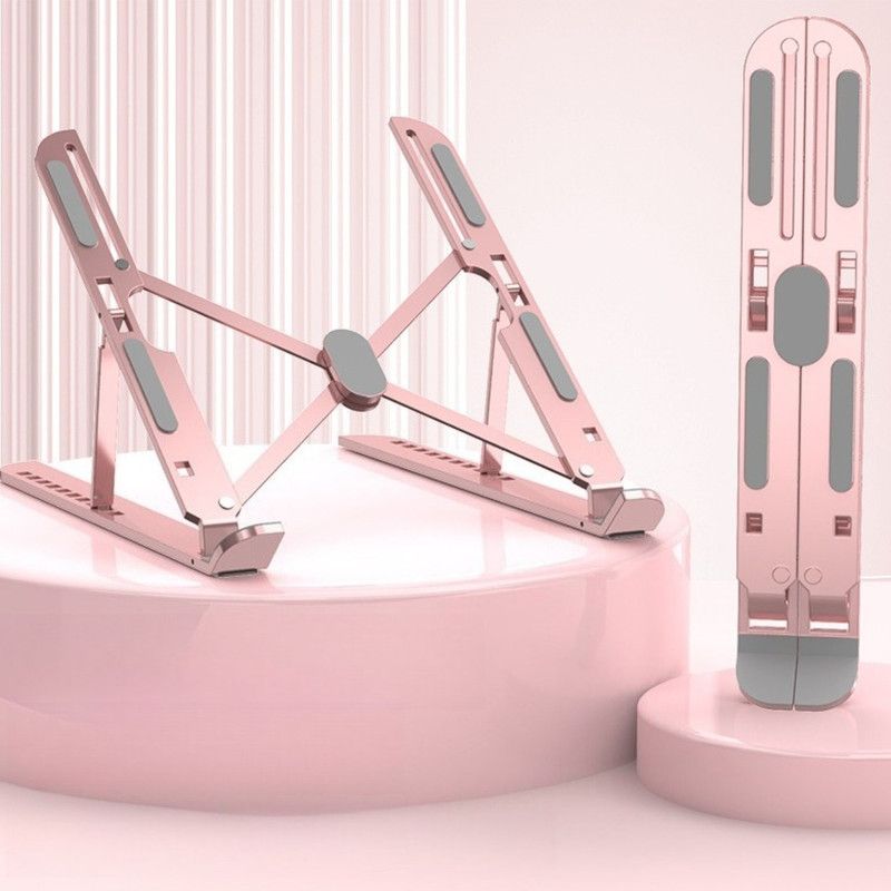 10-Gear Adjustable Aluminum Foldable Laptop Stand, Hollow Cooling Double Triangle Stable Riser—Pink