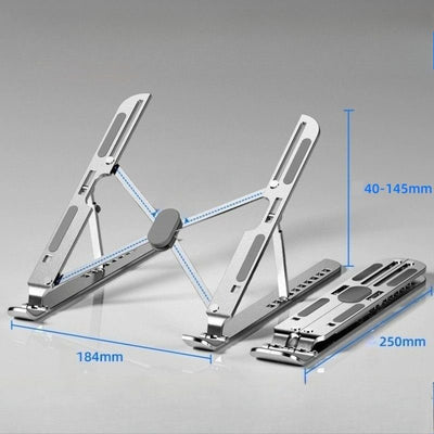 10-Gear Adjustable Aluminum Foldable Laptop Stand, Hollow Cooling Double Triangle Stable Riser—Silver