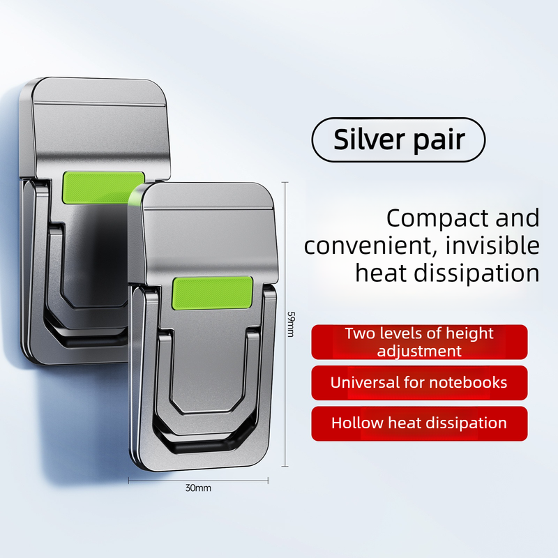 Invisible Mini Laptop Stand, 2-Height Ergonomic Cooling Riser, Portable and Foldable, 1 Pair Pack—Silver