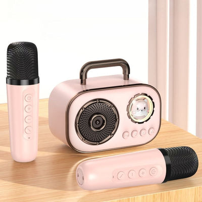 Dual Mic Karaoke Speaker, Portable Bluetooth Karaoke Audio Set, Family Wireless Microphone KTV Speaker—Pink