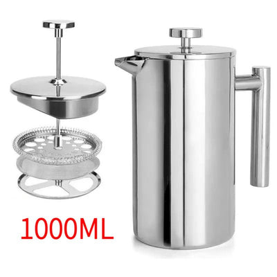 304 Stainless Steel French Press Coffee Maker, Household Hand-Brew Coffee Pot, Tea Filter Pot—1000ML