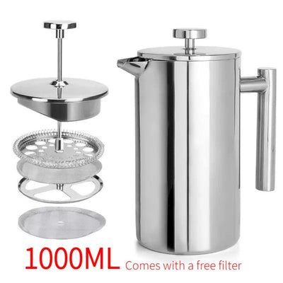 304 Stainless Steel French Press Coffee Maker, Household Hand-Brew Coffee Pot, Includes One Filter – 1000ML