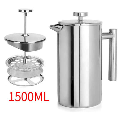 304 Stainless Steel French Press Coffee Maker, Household Hand-Brew Coffee Pot, Tea Filter Pot—1500ML