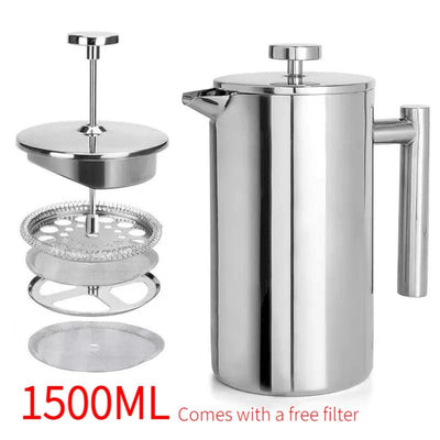 304 Stainless Steel French Press Coffee Maker, Household Hand-Brew Coffee Pot, Includes One Filter – 1500ML