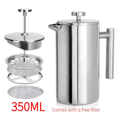 304 Stainless Steel French Press Coffee Maker, Household Hand-Brew Coffee Pot, Includes One Filter—350ML