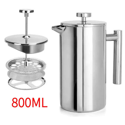 304 Stainless Steel French Press Coffee Maker, Household Hand-Brew Coffee Pot, Tea Filter Pot—800 mL