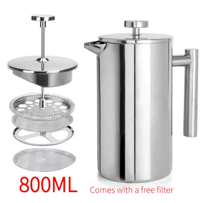 304 Stainless Steel French Press Coffee Maker, Household Hand-Brew Coffee Pot, Includes One Filter—800ML