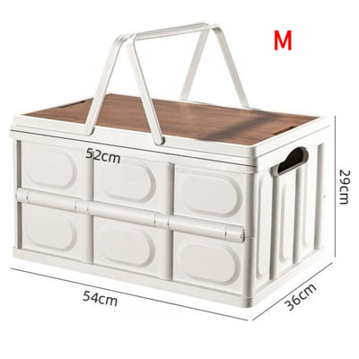 Size M - Multifunctional Folding Camping Storage Box, Car Trunk Organizer, Picnic Storage Bin with Wooden Lid - Approx. 55L