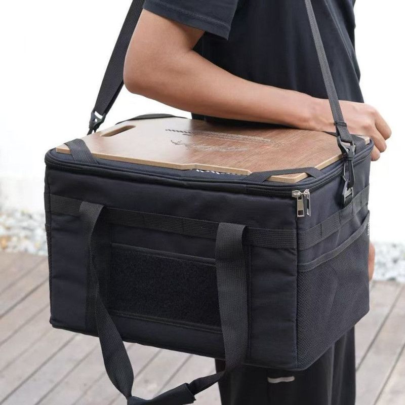 36L Outdoor Tactical Storage Bag with Detachable Wooden Board, Multifunctional Camping Handbag—Black