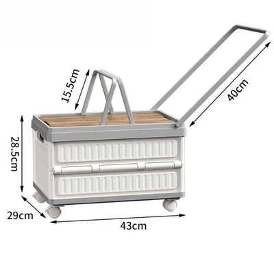 White Foldable Camping Storage Box With Wood Grain Lid, Pull Rod & Universal Wheels, Outdoor Car Organizer Bin