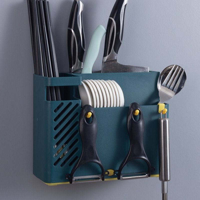 Wall-Mounted Chopstick Holder, Multi-Compartment Kitchen Utensil Storage Rack, Drainable Cutlery Organizer—Blue