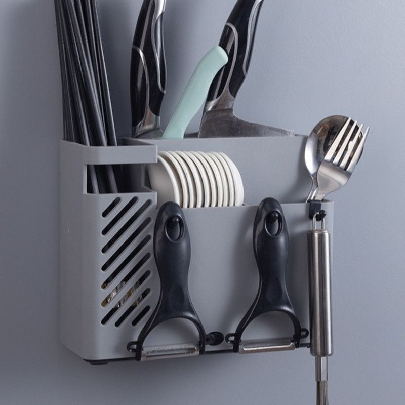 Wall-Mounted Chopstick Holder, Multi-Compartment Kitchen Utensil Storage Rack, Drainable Cutlery Organizer—Gray