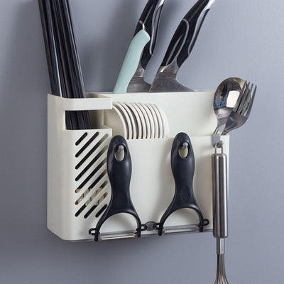 Wall-Mounted Chopstick Holder, Multi-Compartment Kitchen Utensil Storage Rack, Drainable Cutlery Organizer—White