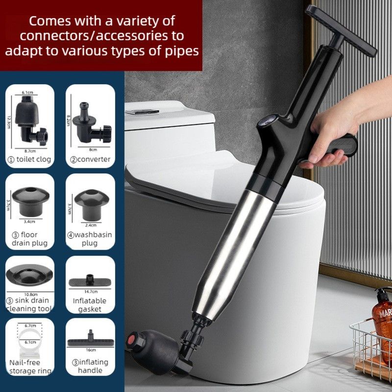 High-Pressure Air Pipe Dredger, Stainless Steel Toilet Plunger, Household Cleaner for Sinks, Floor Drains, and Toilets—Black