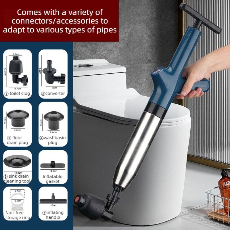 High-Pressure Air Pipe Dredger, Stainless Steel Toilet Plunger, Household Cleaner for Sinks, Floor Drains, and Toilets—Blue