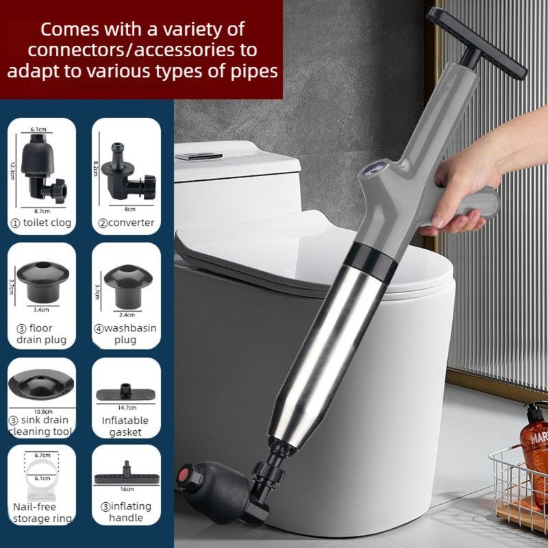 High-Pressure Air Pipe Dredger, Stainless Steel Toilet Plunger, Household Cleaner for Sinks, Floor Drains, and Toilets—Gray