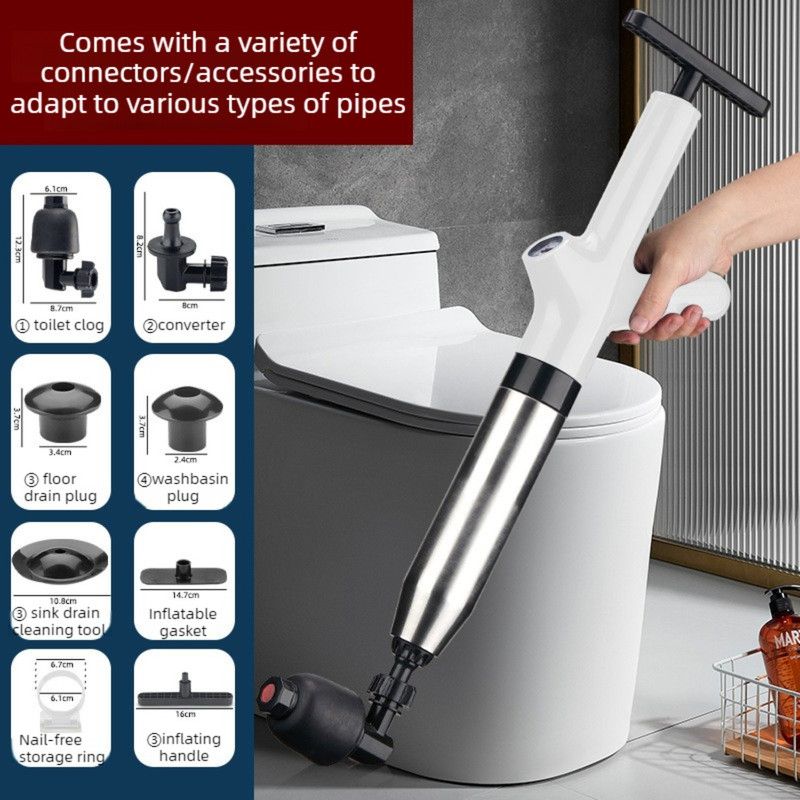 High-Pressure Air Pipe Dredger, Stainless Steel Toilet Plunger, Household Cleaner for Sinks, Floor Drains, and Toilets—White