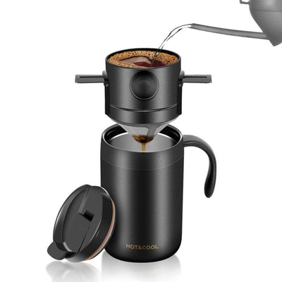 Portable Pour-Over Coffee Set, 304 Stainless Steel Insulated Coffee Mug, Insulated Mug + Drip Filter, 2-Piece Kit—Black
