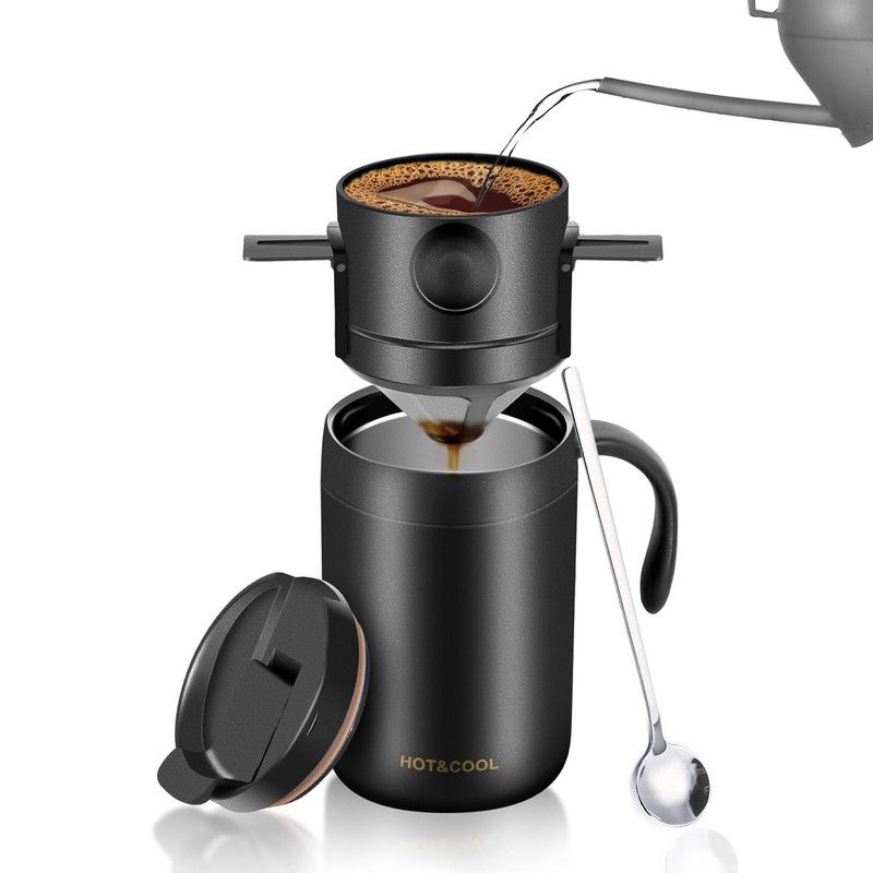 Portable Pour-Over Coffee, 304 Stainless Steel Coffee Mug, Foldable Filter Dripper with Stirring Spoon Travel Coffee Kit—Black