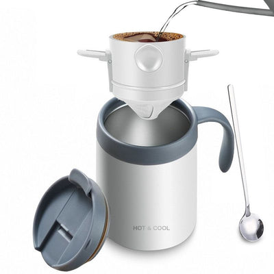 Portable Pour-Over Coffee, 304 Stainless Steel Coffee Mug, Foldable Filter Dripper with Stirring Spoon Travel Coffee Kit—White