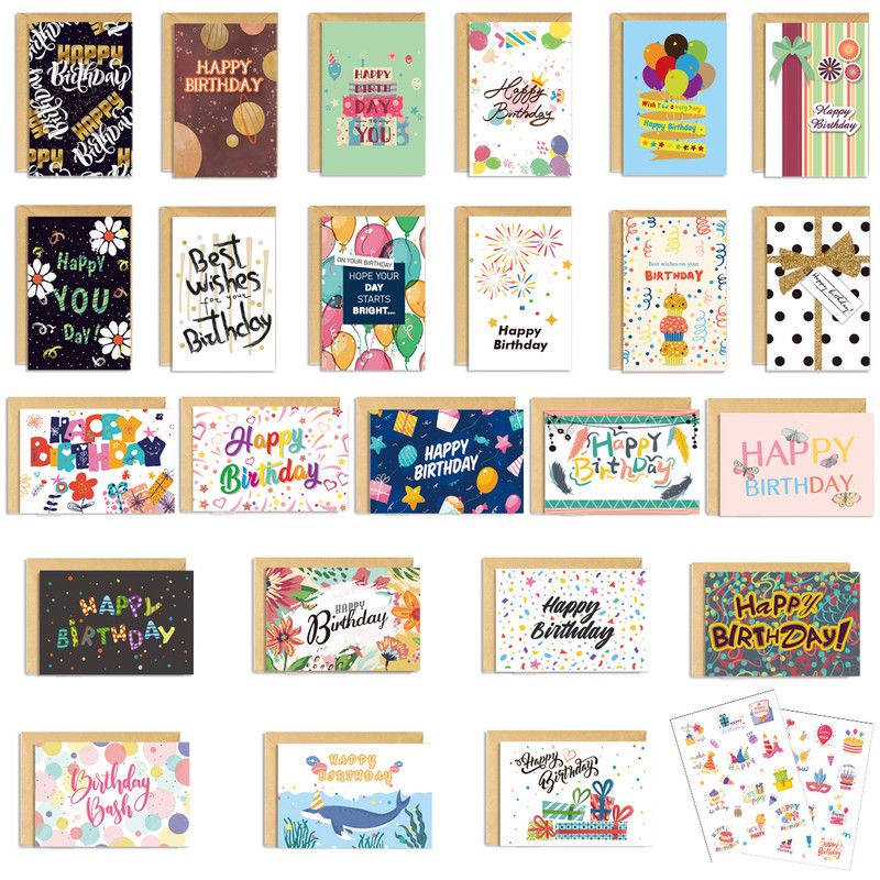 Colorful Happy Birthday Greeting Cards Set, 24Pcs Cards with Envelopes