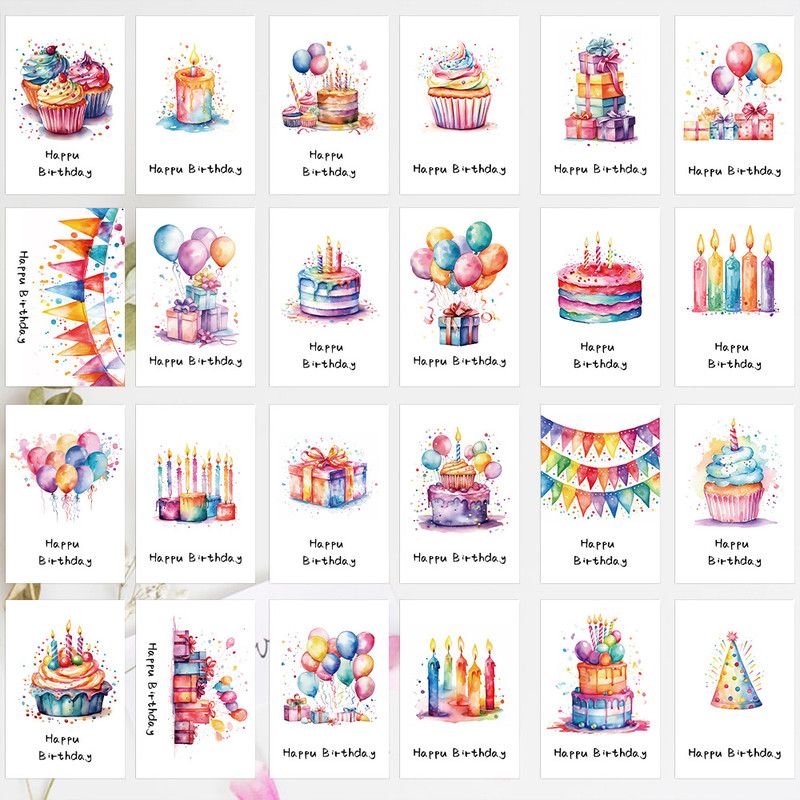 24 PCS Watercolor Happy Birthday Cards Pack, Assorted Designs Cards with Envelopes
