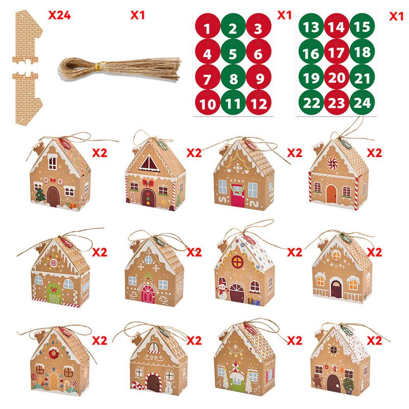 Kraft Paper Christmas House Gift Boxes, 12 Designs Candy Treat Boxes 24 Pcs Set