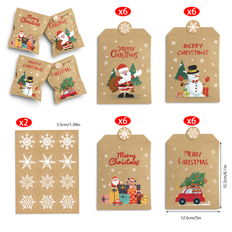 Cartoon Santa Christmas Kraft Gift Bags, 24Pcs Holiday Candy Treat Paper Bags Set