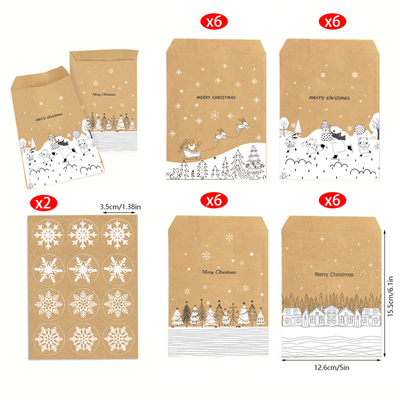 Black White Sketch Christmas Kraft Paper Bags, 24Pcs Xmas Treat Gift Bags Set
