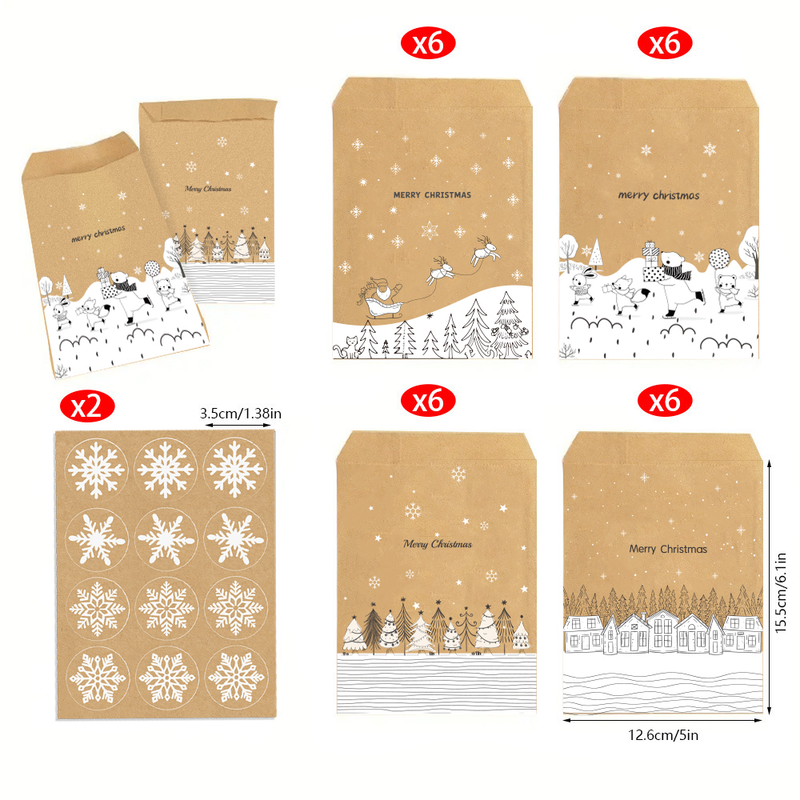 Black White Sketch Christmas Kraft Paper Bags, 24Pcs Xmas Treat Gift Bags Set