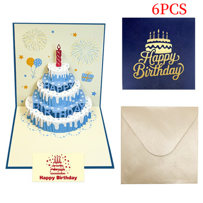 6-Pack 3D Pop-Up Birthday Cake Cards, Luxury Handmade Paper Greeting Gift Cards—Blue
