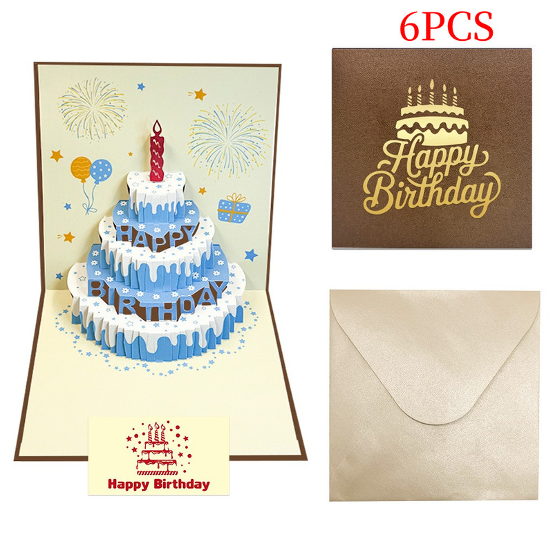 6-Pack 3D Pop-Up Birthday Cake Cards, Luxury Handmade Paper Greeting Gift Cards—Brown