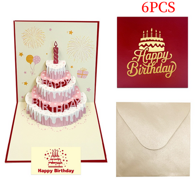 6-Pack 3D Pop-Up Birthday Cake Cards, Luxury Handmade Paper Greeting Gift Cards—Red