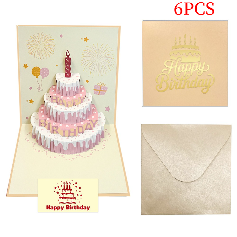 6-Pack 3D Pop-Up Birthday Cake Cards, Luxury Handmade Paper Greeting Gift Cards—Yellow