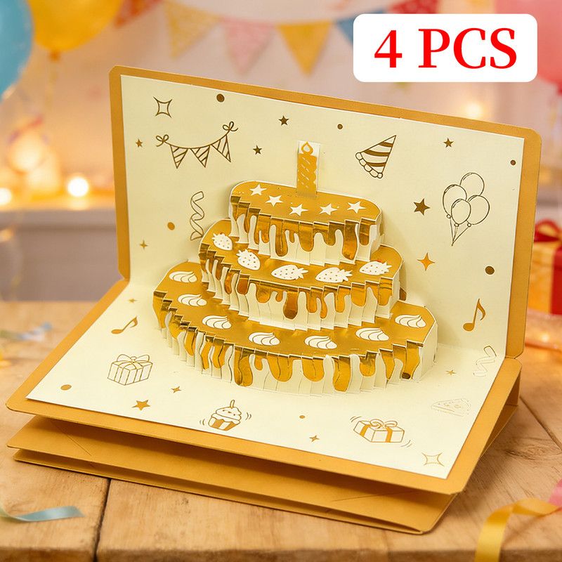 4-Pack - Golden 3D Pop Up Birthday Cake Card Envelope, Creative Cash Red Packet for Birthday Gift