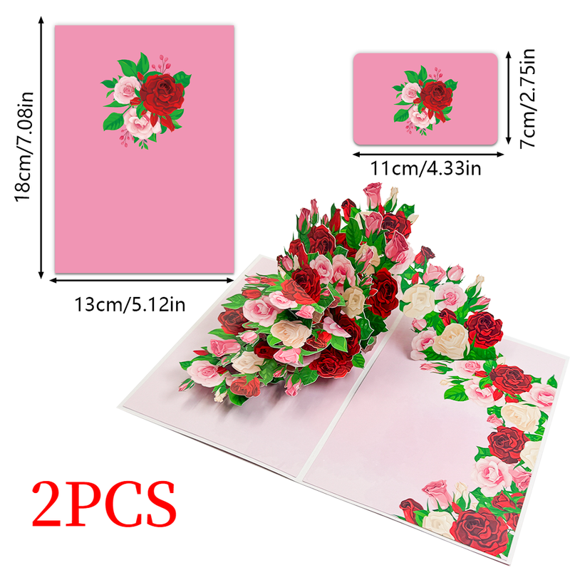 2PCS-Red & Pink Rose Bouquet 3D Pop Up Card, Romantic Paper Craft Festival Greeting Message Card