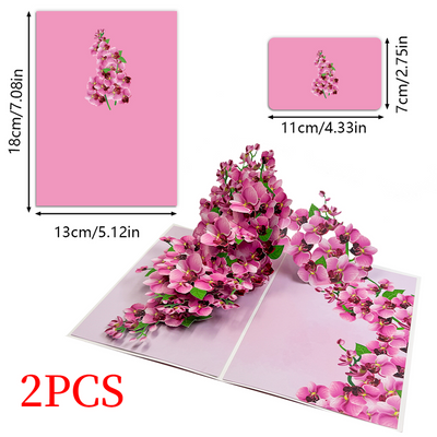 2PCS-Pink Orchid Bouquet 3D Pop Up Card, Exquisite Paper Craft Festival Greeting Message Card
