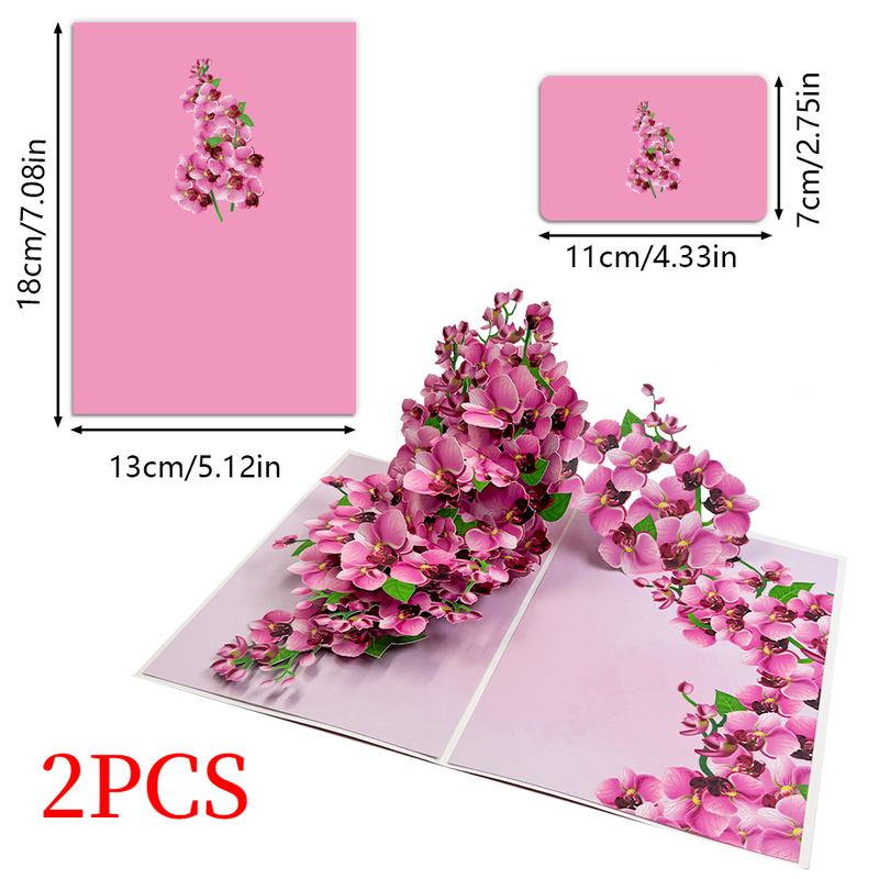 2PCS-Pink Orchid Bouquet 3D Pop Up Card, Exquisite Paper Craft Festival Greeting Message Card