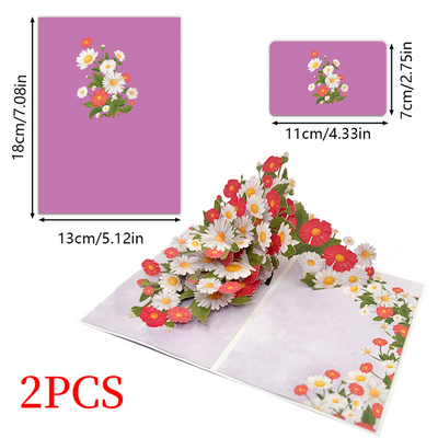 2PCS-Red & White Daisy Bouquet 3D Pop Up Card, Fresh Paper Craft Festival Greeting Message Card