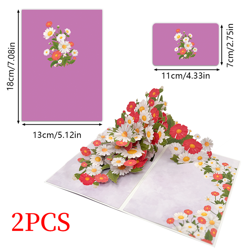 2PCS-Red & White Daisy Bouquet 3D Pop Up Card, Fresh Paper Craft Festival Greeting Message Card