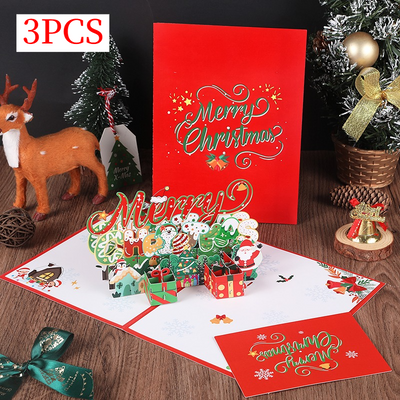 3PCS-Merry Christmas 3D Pop Up Card, Creative Paper Craft Holiday Greeting Message Card
